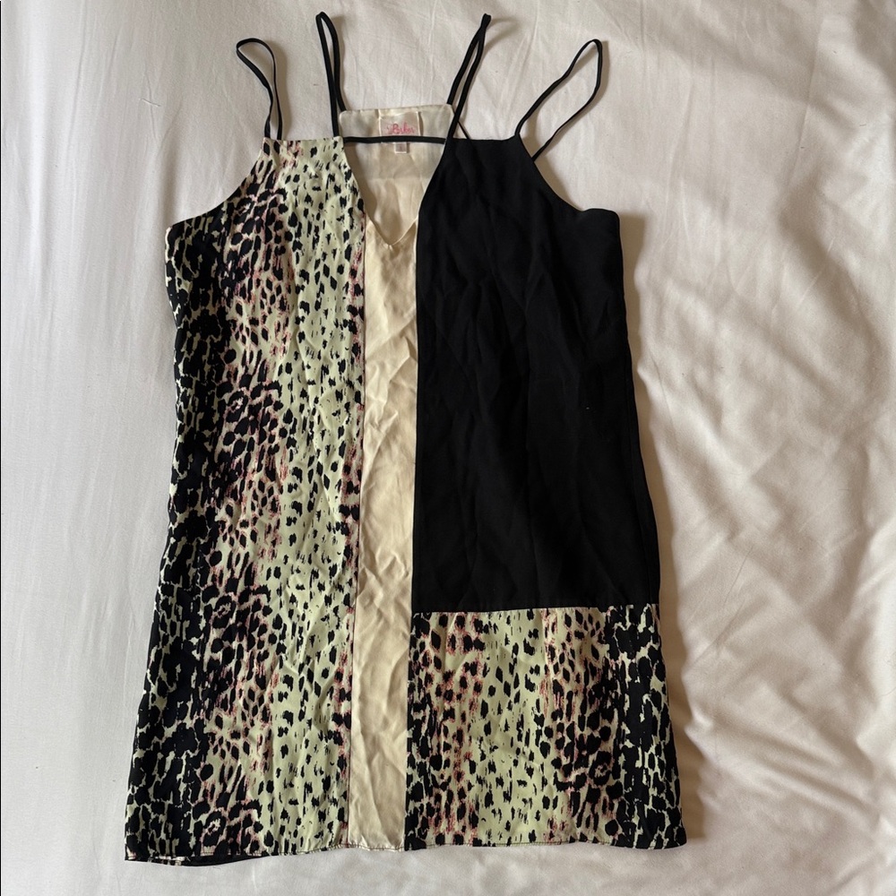 Parker Black and Cream Leopard Panel Slip Dress